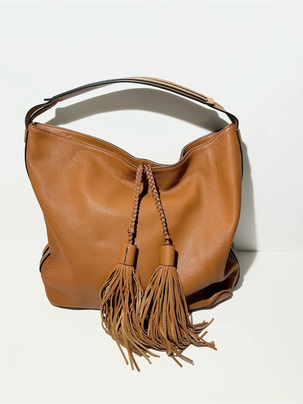 😍 Rebecca Minkoff Cognac Brown Leather Hobo with Braided Tassels